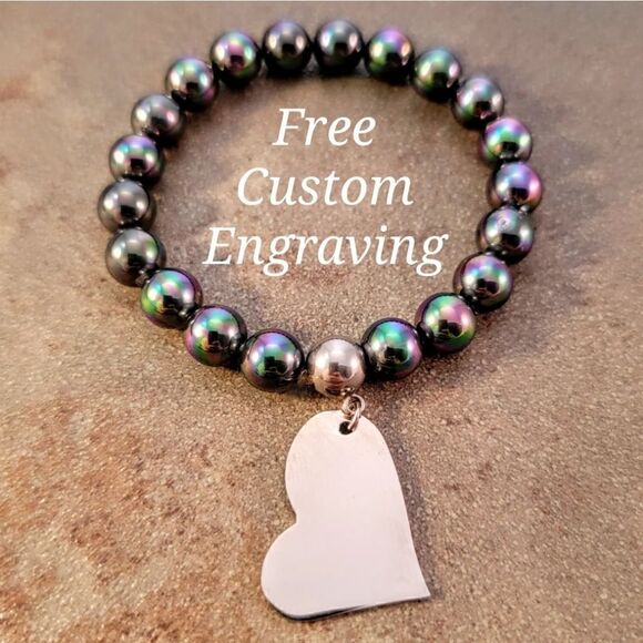 New Iridescent Stainless Steel Beaded  Asymmetrical Heart Bracelet - Picture 3 of 9